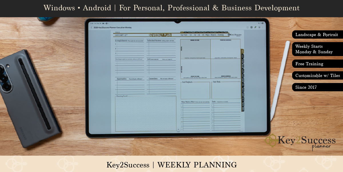Samsung tablet displaying Key2Success Weekly Planning page, featuring sections for accomplishments, opportunities, and goal emphasis, with a smartphone beside it on a wooden surface.