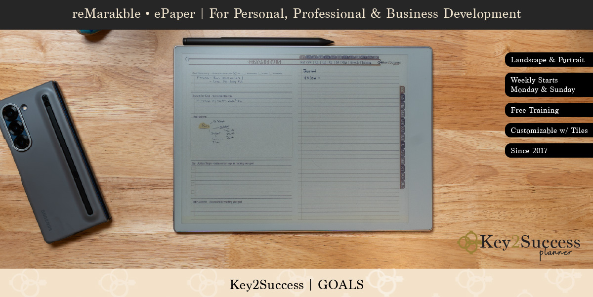 reMarkable ePaper planner page showcasing Key2Success™ goals layout, featuring sections for goal setting, journaling, and action steps, with a smartphone nearby on a wooden surface.
