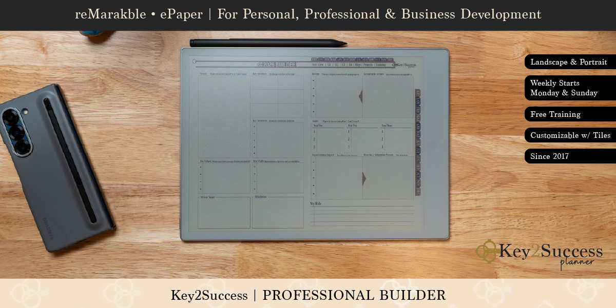 Key2Success Professional Builder digital planner displayed on eInk device, featuring sections for goal setting, project planning, and customizable tiles, alongside a smartphone on a wooden surface.