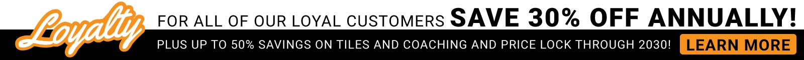 Loyalty program banner promoting 30% annual savings for Key2Success customers, highlighting additional savings up to 50% on tiles and coaching.