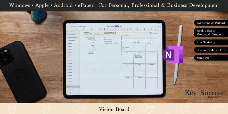 OneNote Digital Planners Shop 153 OneNote digital planner vision board displayed on a tablet, featuring customizable sections for goal setting and planning, emphasizing productivity for personal and professional development.