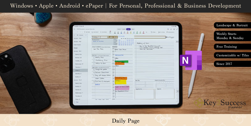 OneNote Digital Planners Shop 152 OneNote digital planner daily page featuring task lists, timeline, and notes, designed for productivity and personal development, with Key2Success branding and compatibility across devices.