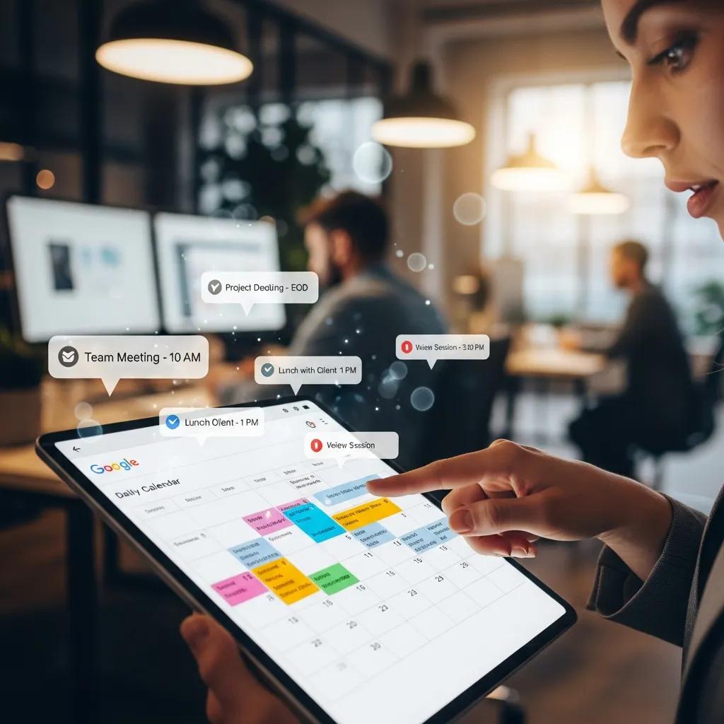 Person using Google Calendar on a tablet in a modern office setting with reminders and notifications