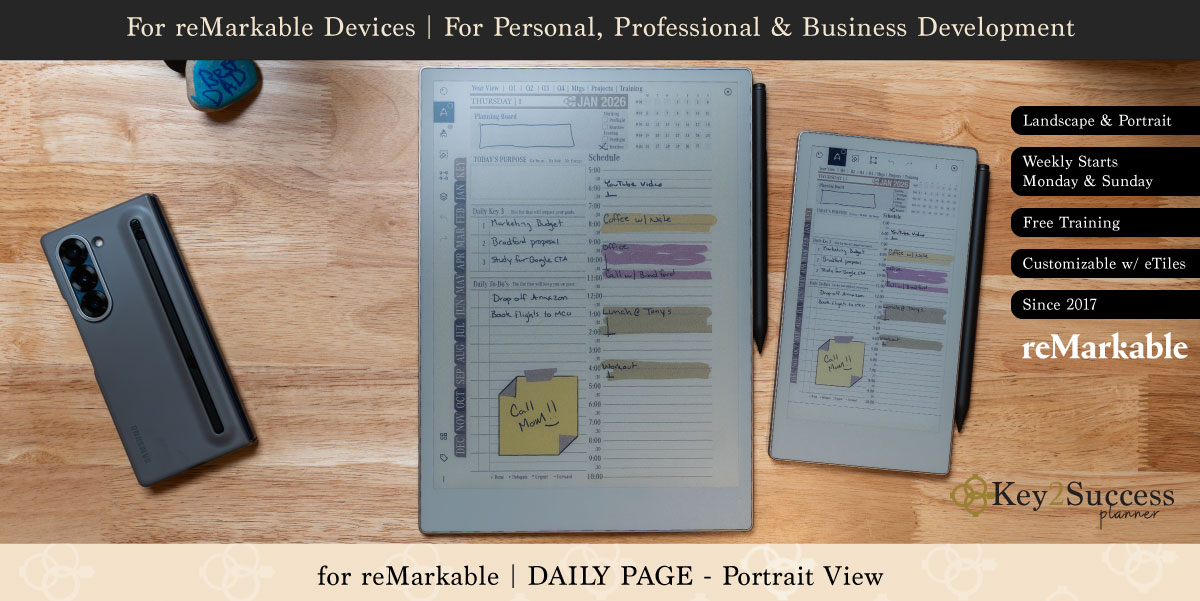 reMarkable digital planner pages displayed on eInk devices, featuring daily schedules, tasks, and reminders for effective personal and professional planning, with a smartphone and pen on a wooden surface.