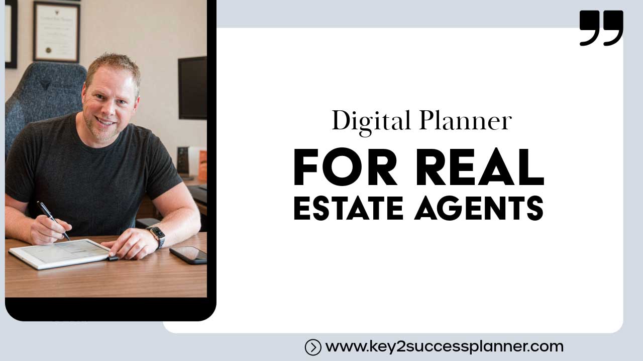 Digital planner for real estate agents, man writing on tablet in office setting, emphasizing organization and productivity.