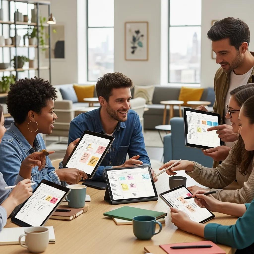 Group of individuals collaborating with reMarkable tablets in a modern workspace, discussing digital planning strategies and sharing notes for enhanced productivity.