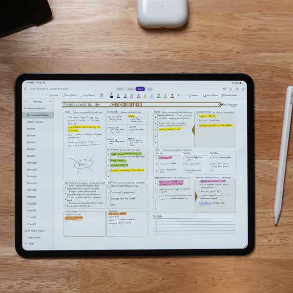 Digital planner interface on tablet showcasing organized sections for tasks, notes, and goals, emphasizing productivity and workflow management for real estate professionals.