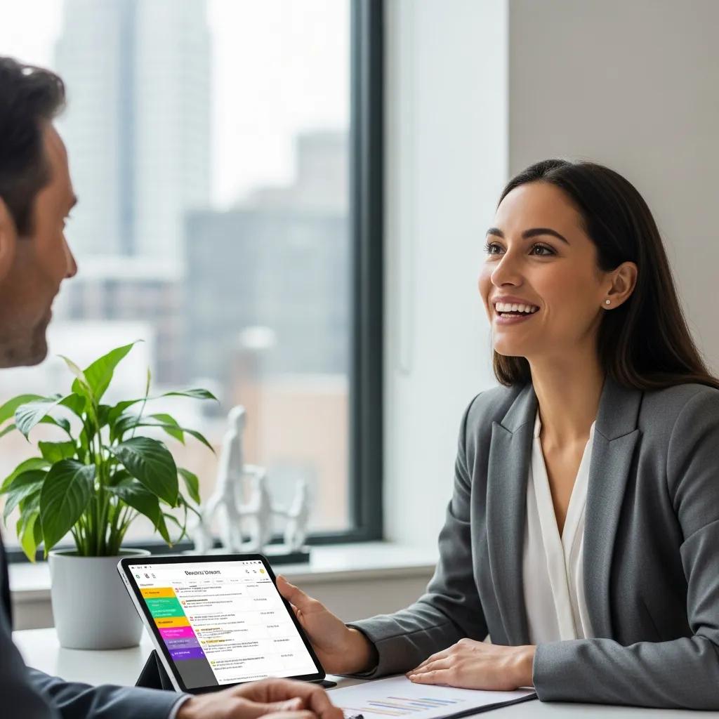 Real estate agent engaging with a client, using a digital planner to enhance productivity and client interaction in a modern office setting.