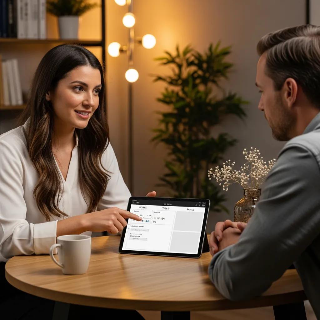 Coaching session with a woman pointing at an E Ink tablet displaying a digital planner, highlighting productivity strategies and goal setting in a modern workspace.