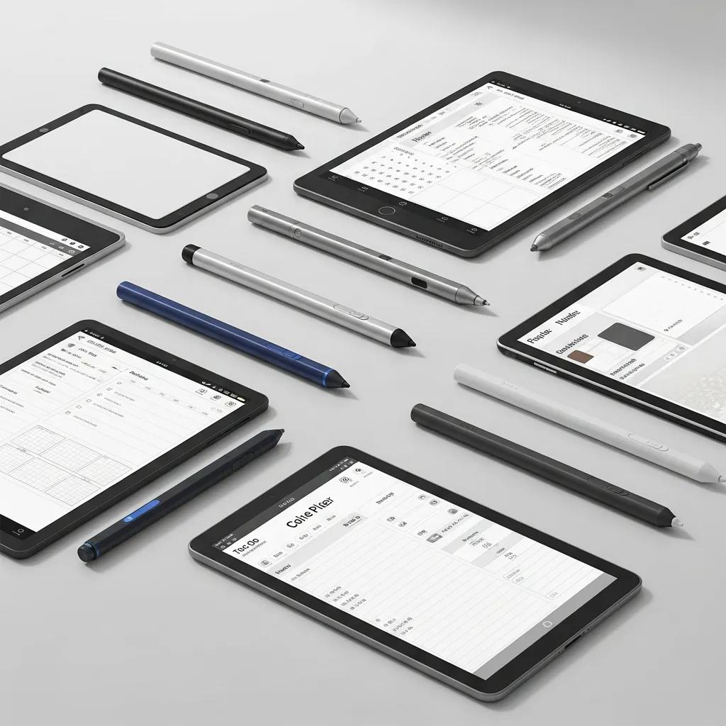 Different stylus options and E Ink tablets arranged on a surface, showcasing compatibility and customization for digital planning with the Key2Success Planner.