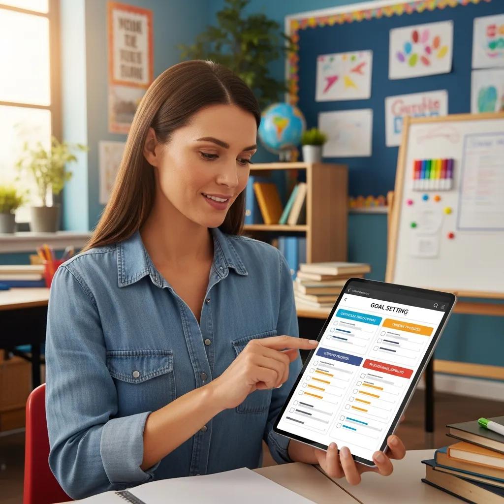 Teacher using a digital planner on a tablet in a classroom, emphasizing goal-setting tools for productivity