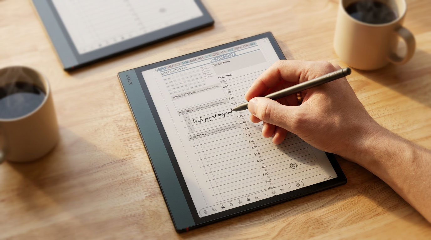 Hand writing in a digital planner on an Onyx Boox 5c, showcasing organized time blocks and a to-do list, with a coffee cup in the background, emphasizing digital planning features.