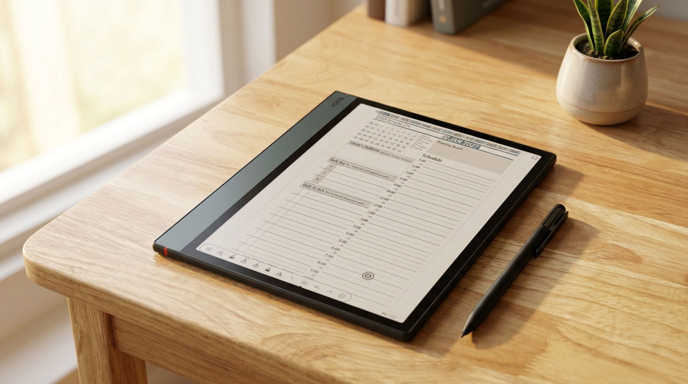 Key2Success Planner displayed on Onyx Boox Note Air 5c tablet, wooden desk setting, alongside a black pen and small potted plant, emphasizing digital planning and productivity features.