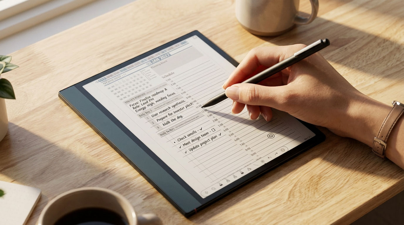 Onyx Boox 5C open to Key2Success Daily Key3 page during focused morning planning session