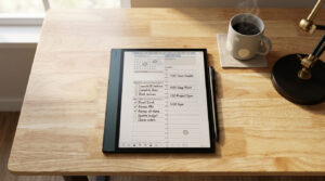 Key2Success Digital Planner | Branden Bodendorfer 37 Onyx Boox 5c displaying Key2Success digital planner during focused morning planning session on a wooden desk with a coffee cup and lamp.