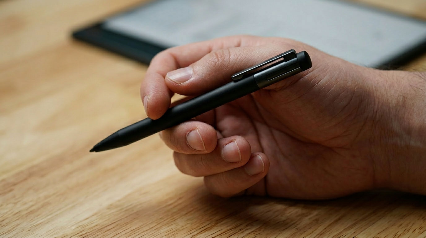 Hand holding a black stylus pen above a wooden surface, with a blurred e-ink device in the background, illustrating the Onyx Boox Note Air 5c's stylus functionality.