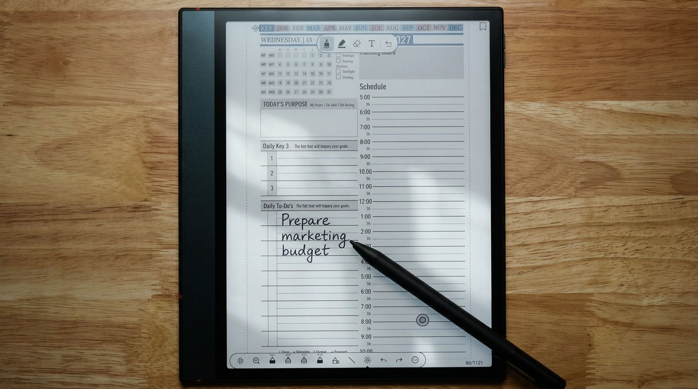Onyx Boox Note Air 5c displaying Key2Success Planner page with handwritten note "Prepare marketing budget," highlighting digital planning features.