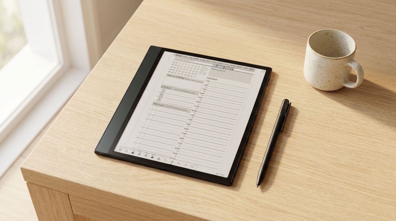 Onyx Boox 5c e-ink tablet on minimal desk, featuring a digital planner interface, black pen, and a speckled coffee mug, promoting distraction-free productivity and planning.