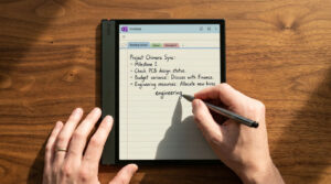 OneNote Digital Planners Shop 163 Onyx Boox 5c with OneNote open showing handwritten meeting notes being written with stylus