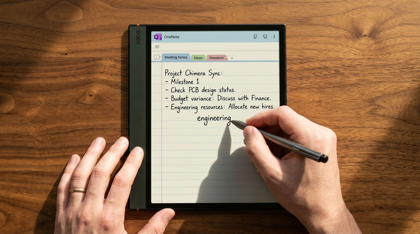 Handwriting meeting notes in OneNote on Onyx Boox 5c, showcasing project details and a natural writing experience on a wooden desk.
