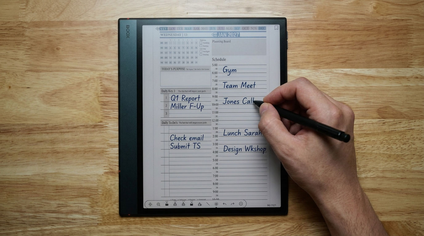 Hand holding stylus writing on Onyx Boox 5c digital planner displaying handwritten meeting notes and schedule for January 2027, emphasizing OneNote usage for productivity.