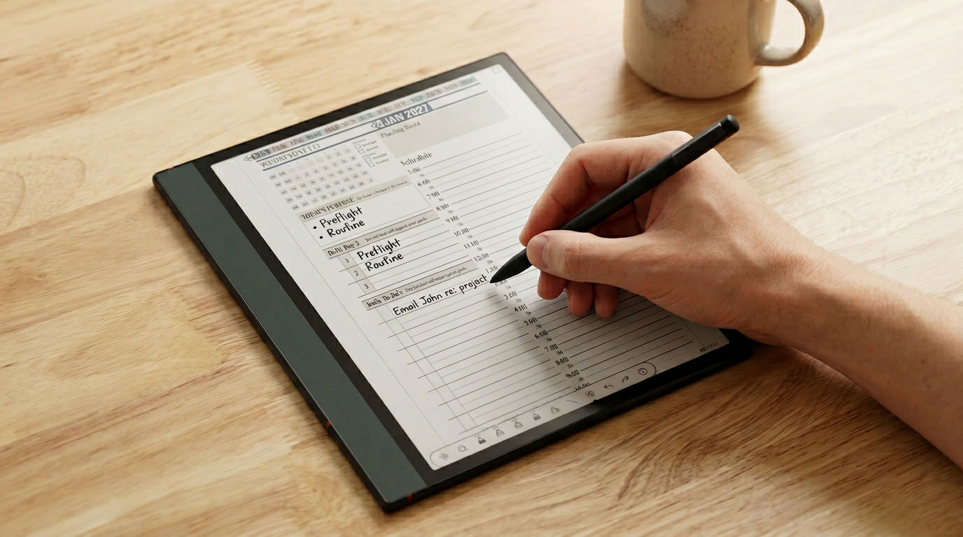 Hand writing notes on Key2Success Planner displayed on Onyx Boox Note Air 5c, showcasing digital planning features and productivity tools.