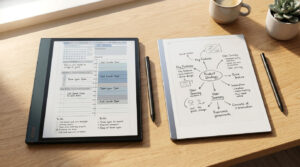 OneNote Digital Planners Shop 165 Onyx Boox Note Air 5c and reMarkable Paper Pro side by side on a desk