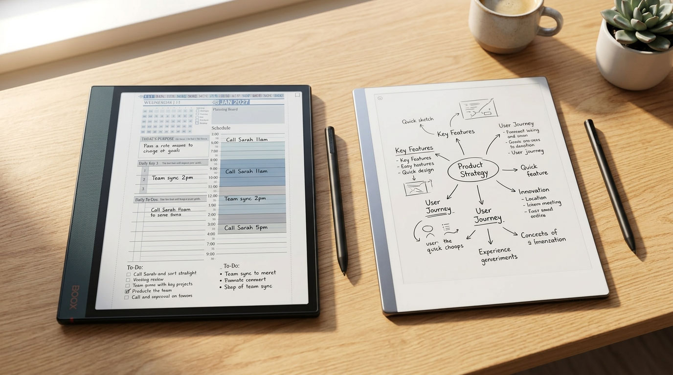 Onyx Boox 5c and reMarkable Paper Pro side by side on a desk, showcasing digital planning features, including a schedule on the left and a product strategy mind map on the right, with stylus pens and a coffee cup in the background.