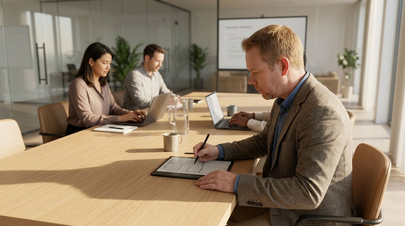 Person writing meeting notes on Onyx Boox 5C with OneNote open at professional desk