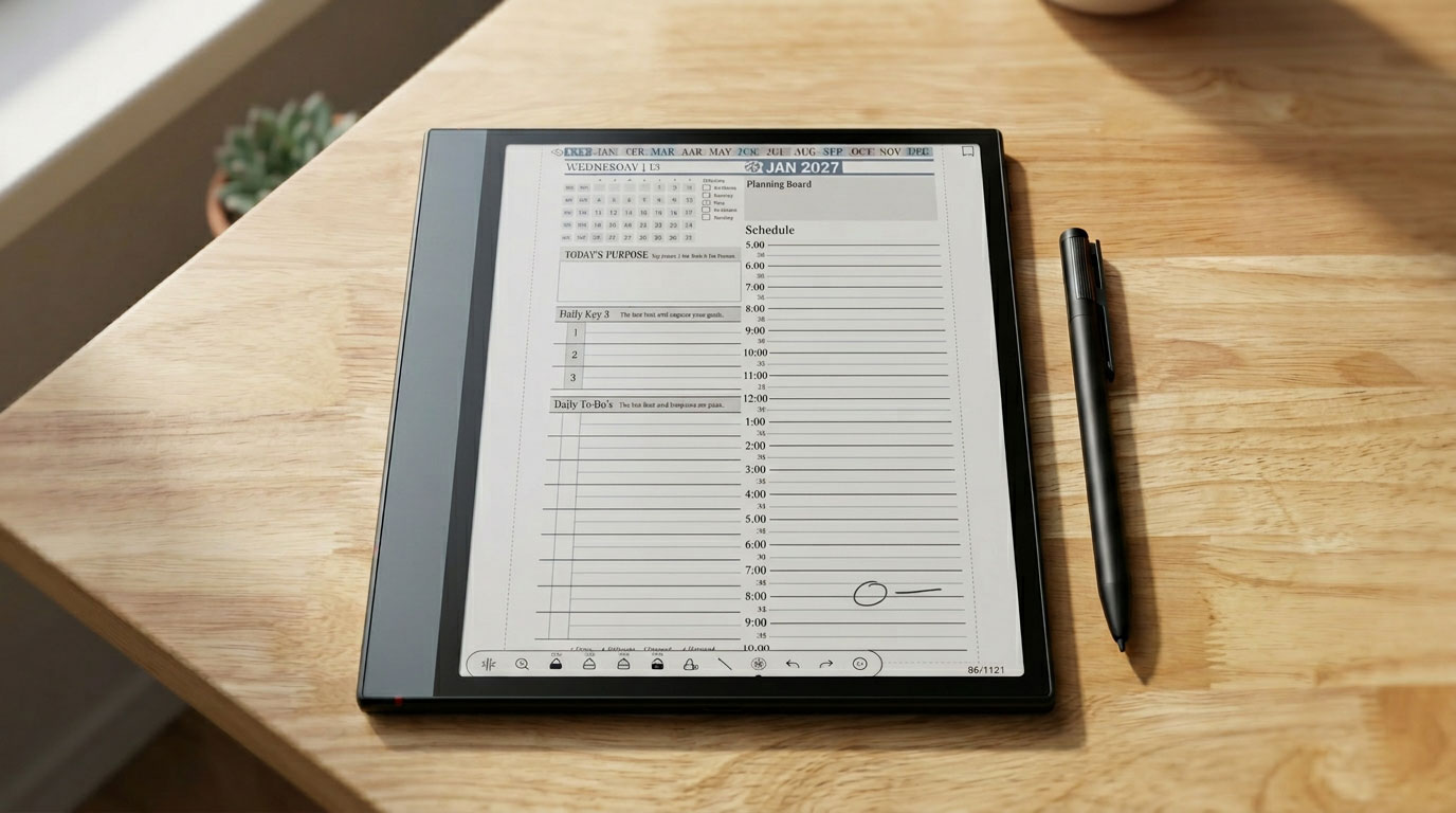 Onyx Boox Note Air digital planner displaying a scheduling interface with a black stylus on a wooden table, relevant to comparing Onyx Boox Note Air 5c and 4c features.