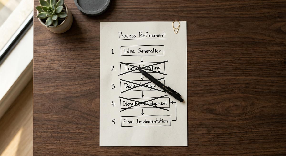 Business process flowchart on desk with three steps crossed out, representing the delete step of Elon Musk's Algorithm process improvement framework