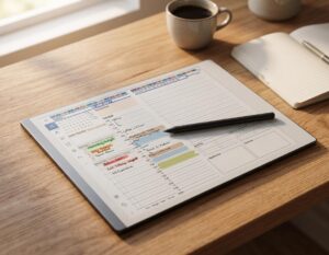 reMarkable tablet showing a daily planning tile with time blocks and task list