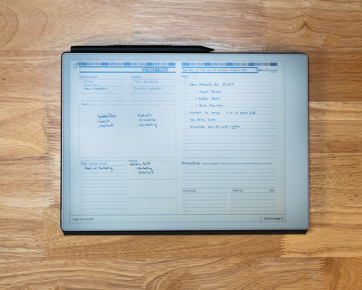 reMarkable Paper Pro showing a Key2Success meeting notes tile placed on a planner page