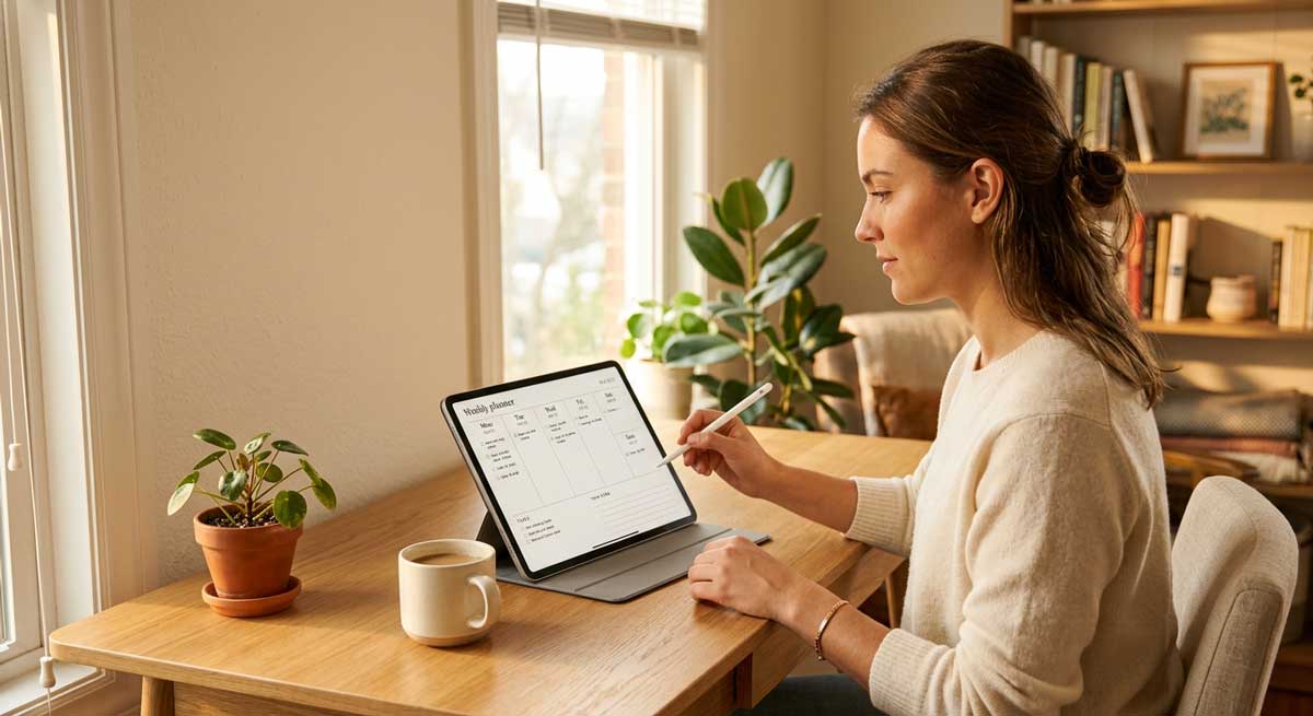 Person at a warm desk choosing a Key2Success digital planner download file on a tablet
