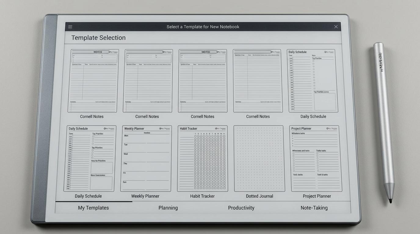 reMarkable template picker screen showing multiple Key2Success planning tiles