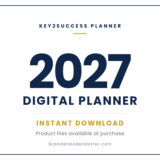 2027 Key2Success Digital Planner graphic in navy and gold on white, stating instant download with product files available at purchase, for OneNote, GoodNotes, PDF, Samsung Notes and e-ink devices.