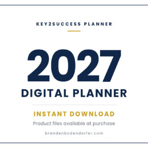 2027 Key2Success Digital Planner graphic in navy and gold on white, stating instant download with product files available at purchase, for OneNote, GoodNotes, PDF, Samsung Notes and e-ink devices.