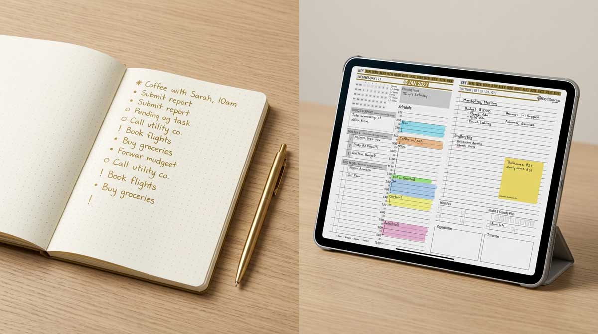 Bullet journal rapid log mapped to the Key2Success daily layout Bullet journal rapid log page beside the Key2Success daily layout with the Daily Key 3 on a tablet