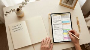 Key2Success Digital Planner | Branden Bodendorfer 3 Open dot-grid bullet journal beside a tablet running the Key2Success digital planner