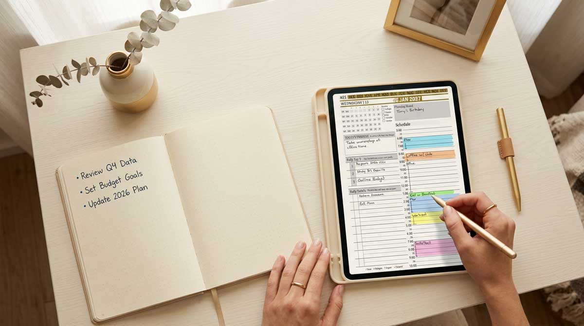 Open dot-grid bullet journal beside a tablet running the Key2Success digital planner