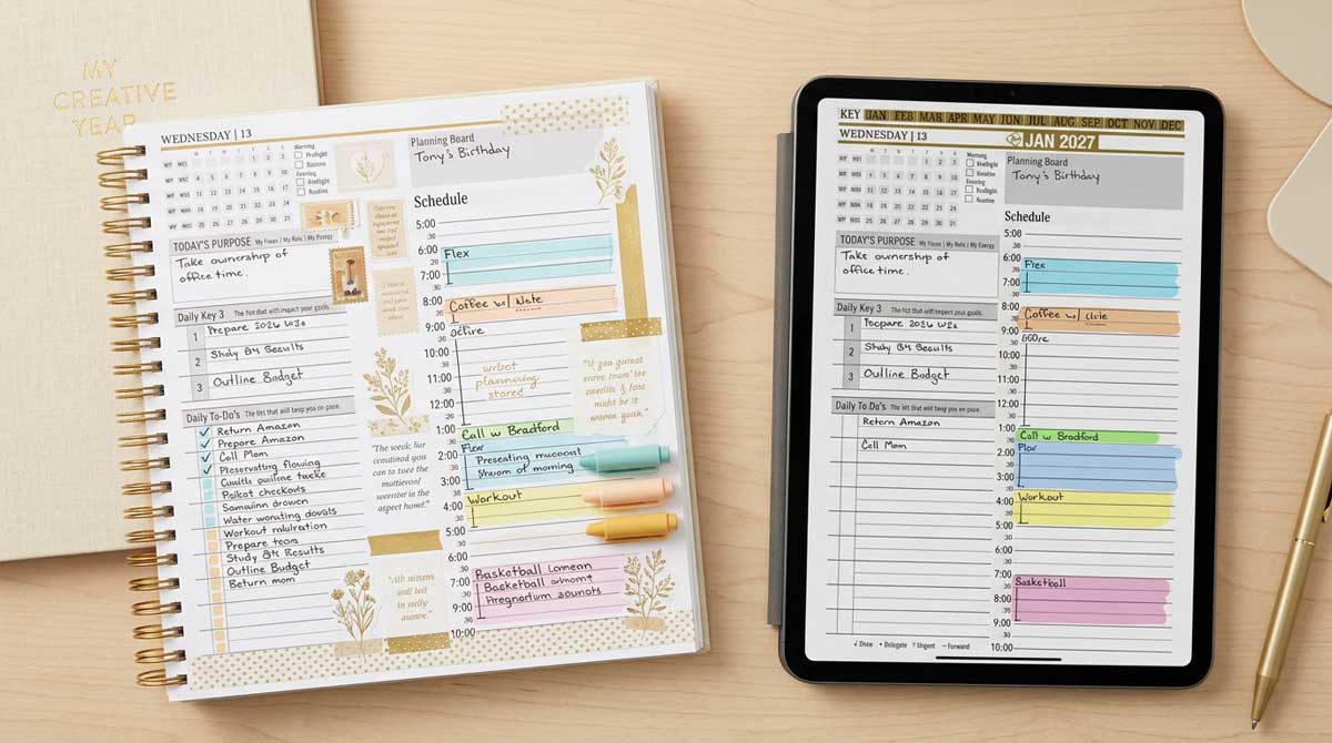 Erin Condren style paper planner beside a tablet running the Key2Success digital planner