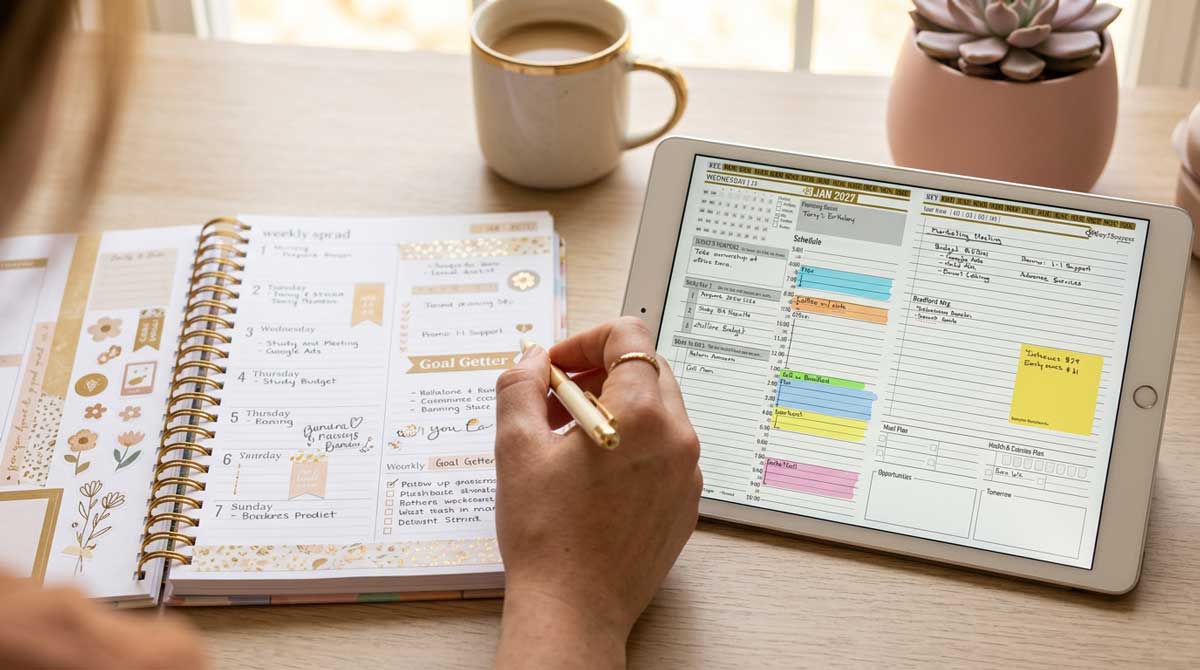 Erin Condren vertical weekly mapped to the Key2Success weekly layout Erin Condren style vertical weekly layout beside the Key2Success weekly layout on a tablet