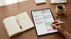 Hobonichi Techo paper planner beside a tablet running the Key2Success digital planner