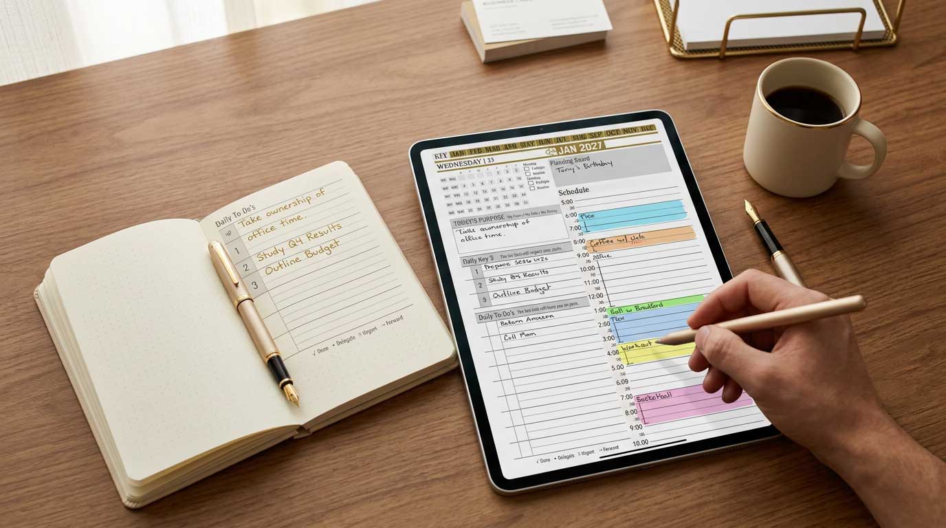 Hobonichi Techo paper planner beside a tablet running the Key2Success digital planner