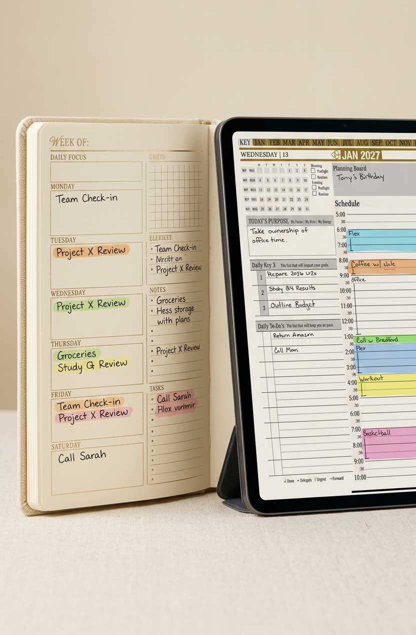 Paper weekly planner spread beside the Key2Success daily layout with the Daily Key 3 on a tablet