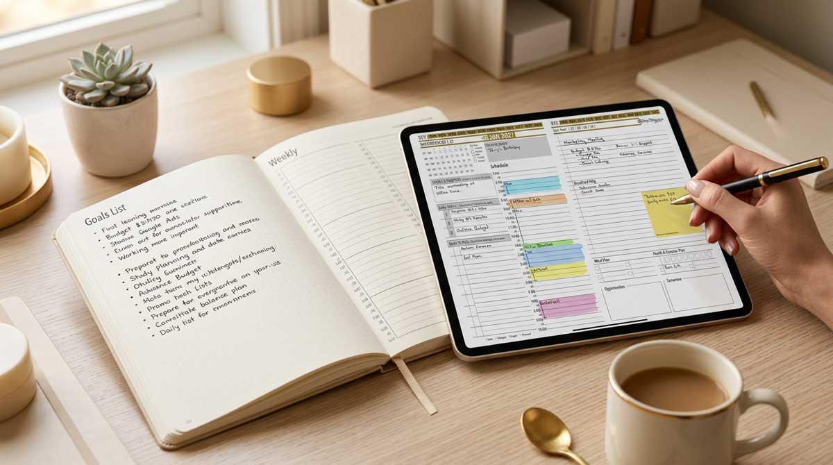 Passion Planner goals list beside the Key2Success weekly planner on a tablet