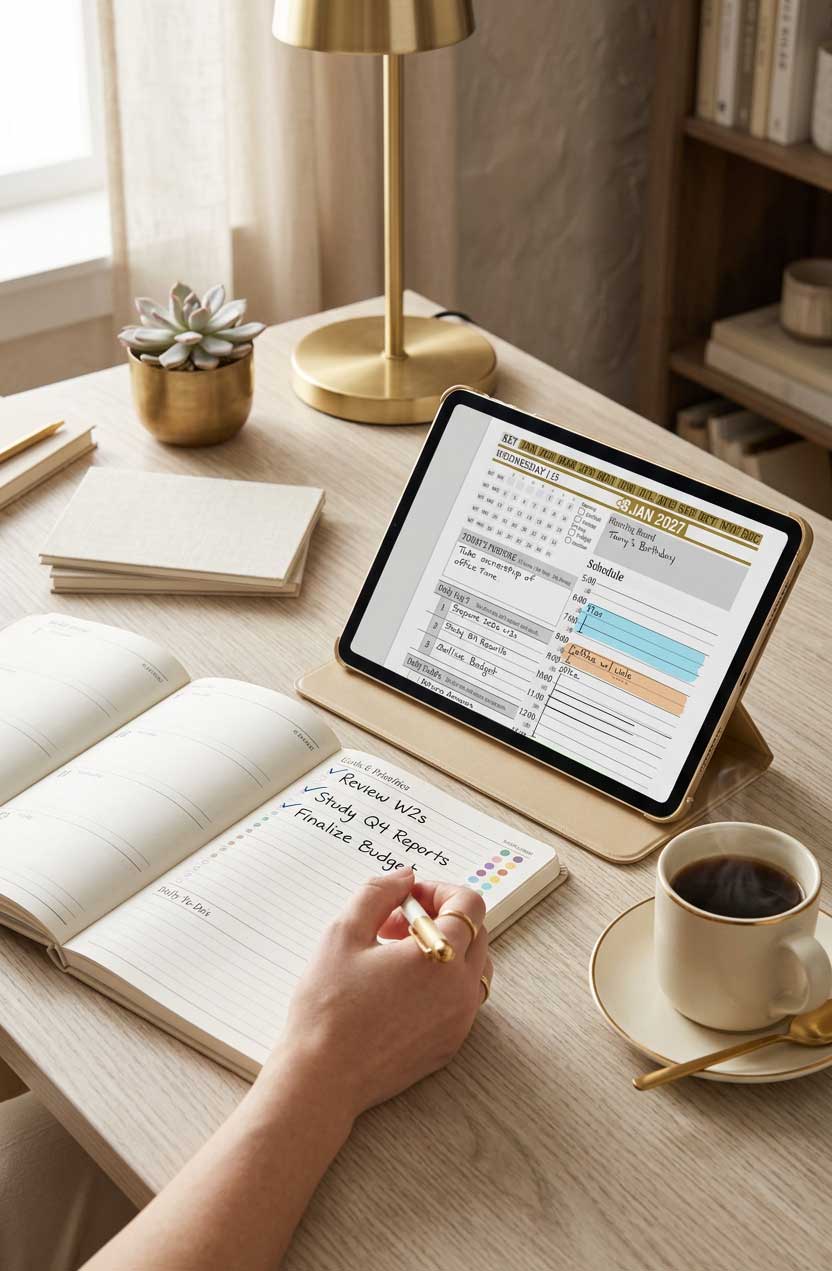 Paper goals list beside the Key2Success daily layout Paper goals checklist beside the Key2Success daily layout with the Daily Key 3 on a tablet
