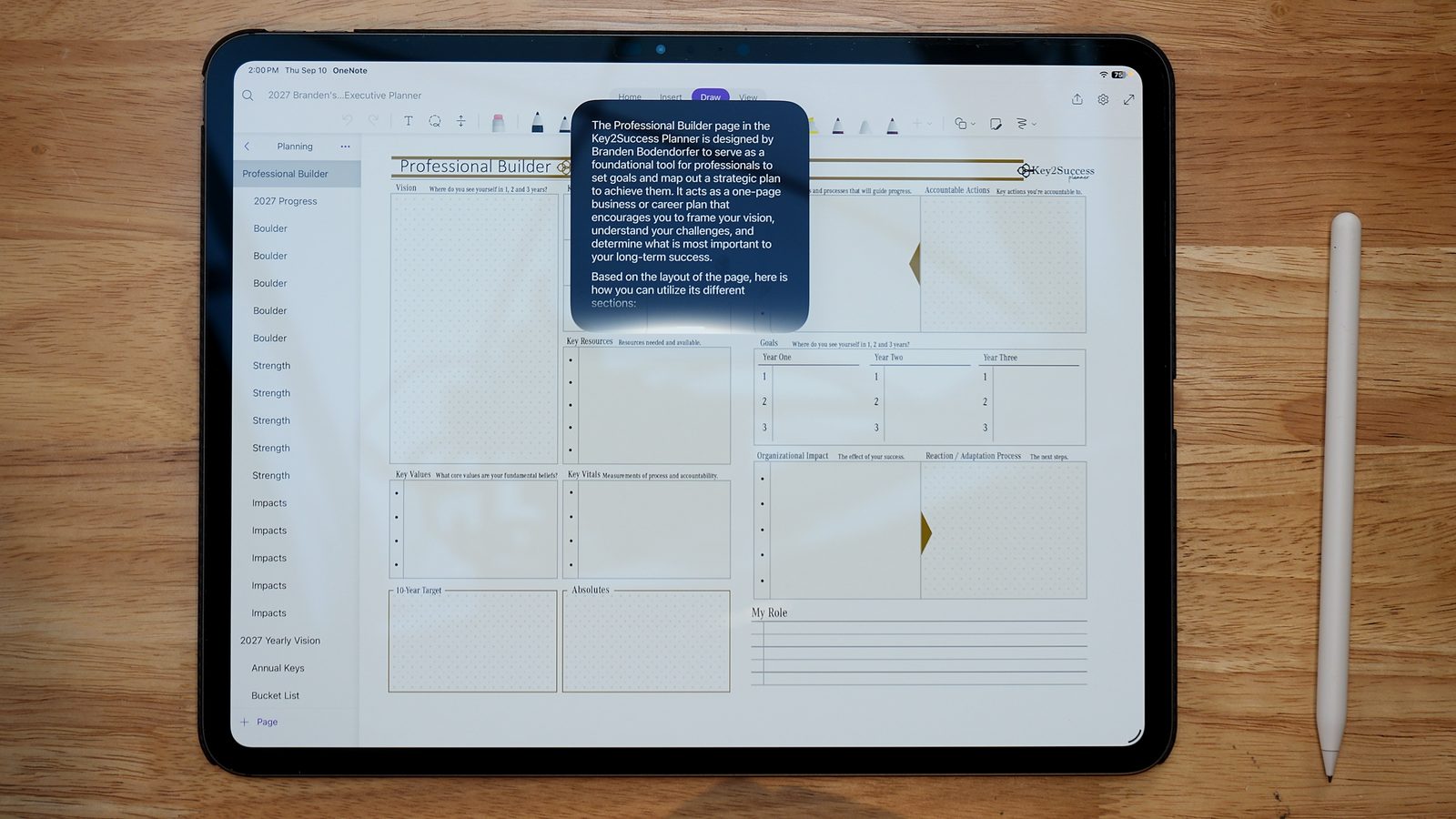 Siri reading the Key2Success Professional Builder page in OneNote on iPad