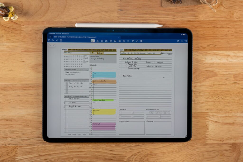 2027 Key2Success Digital Planner Daily Page in landscape view in GoodNotes on iPad with handwriting