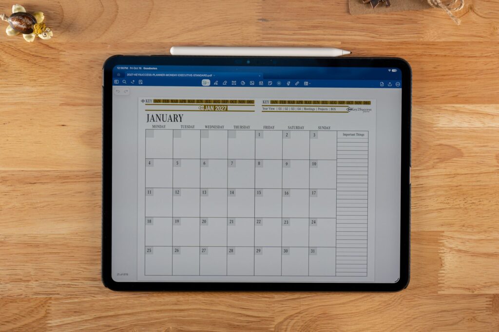 January monthly calendar in GoodNotes on iPad